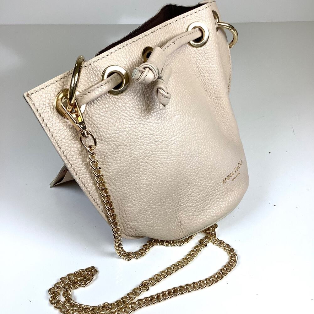 NWT Anna Paola Italian Genuine Leather Bucket Bag In Prosecco Beige w/Chain NEW - Picture 5 of 7